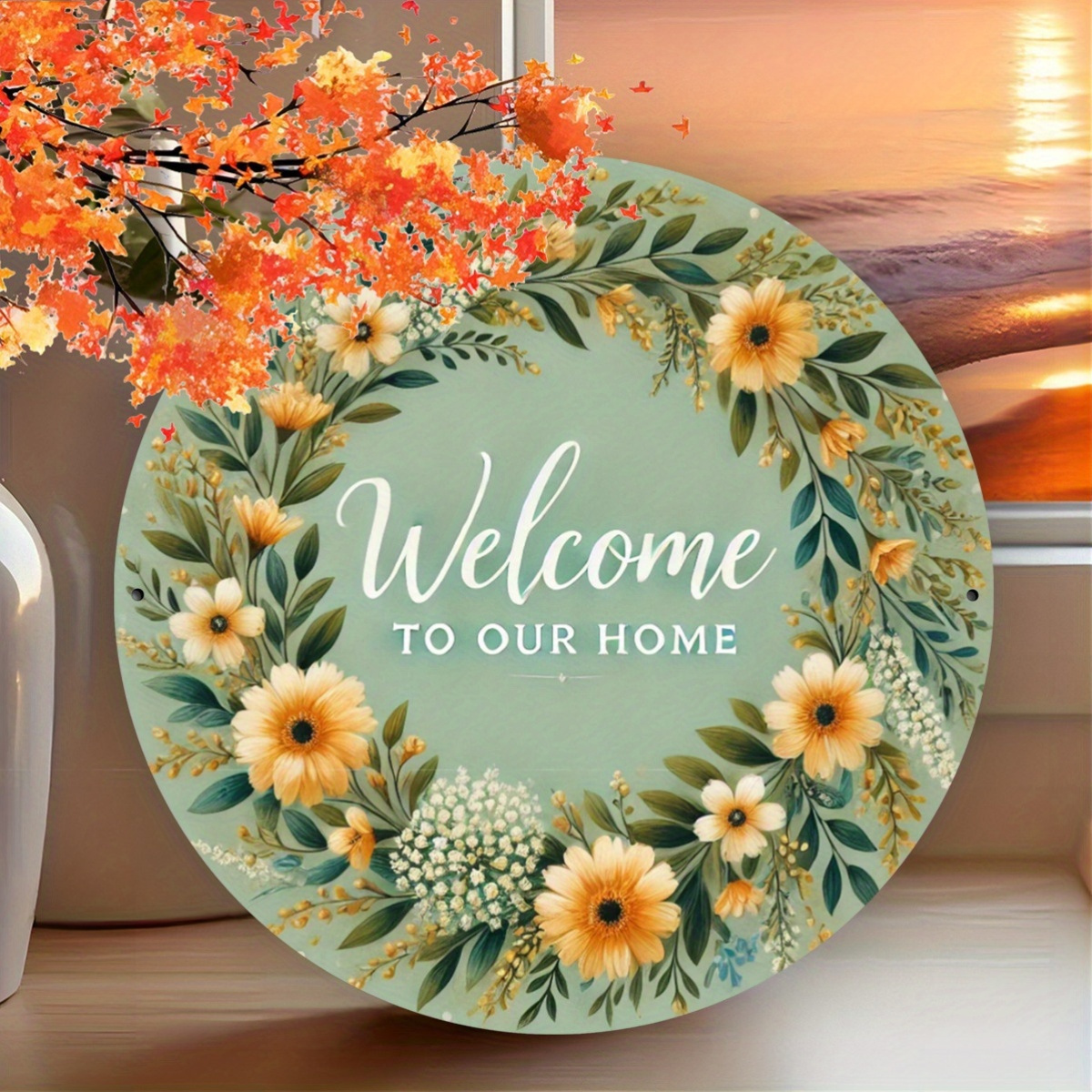 Home Bathroom Door Signs - Welcome Home Rustic Floral Wreath Emblem